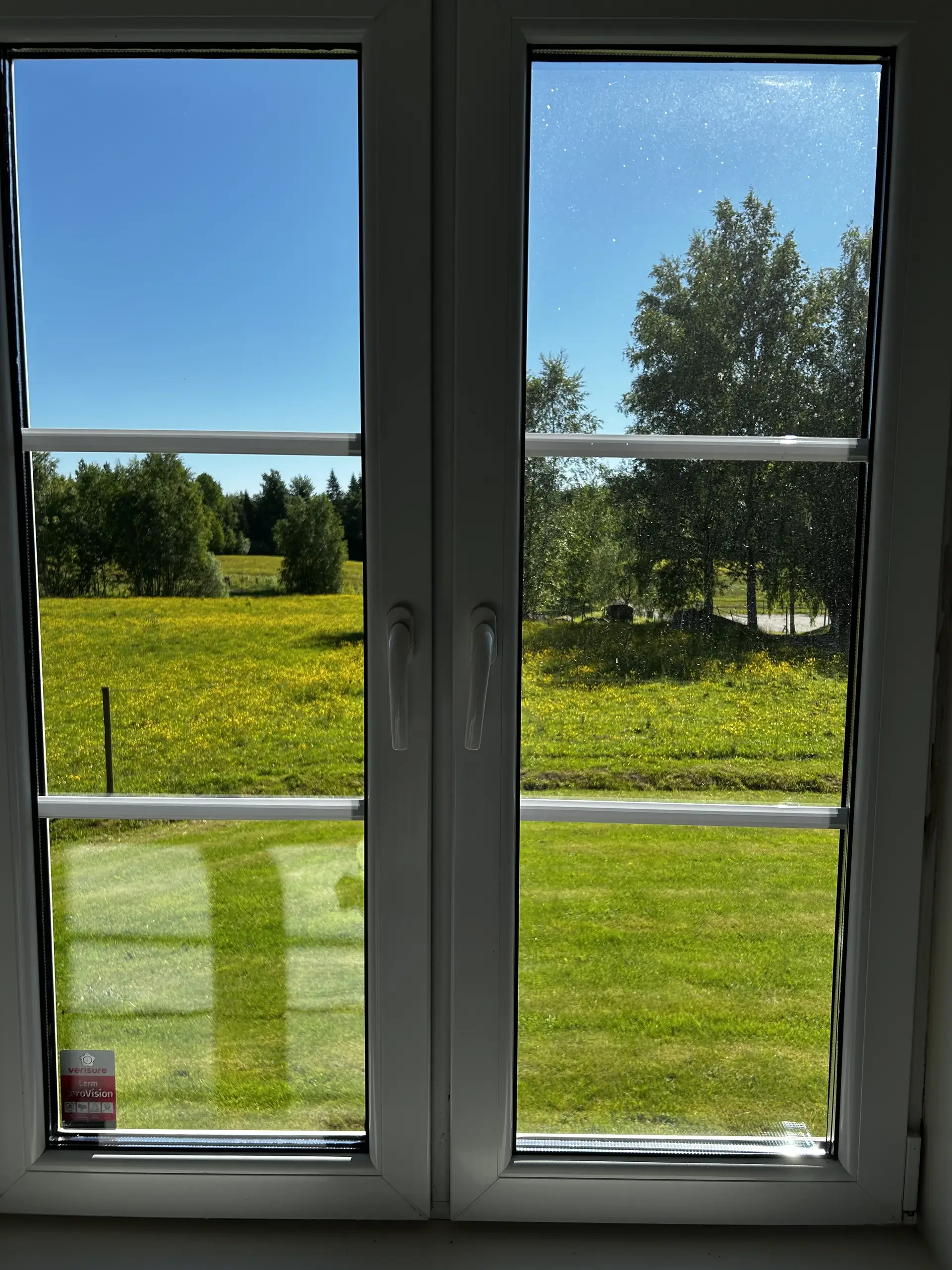 Fönster med utsikt över en äng